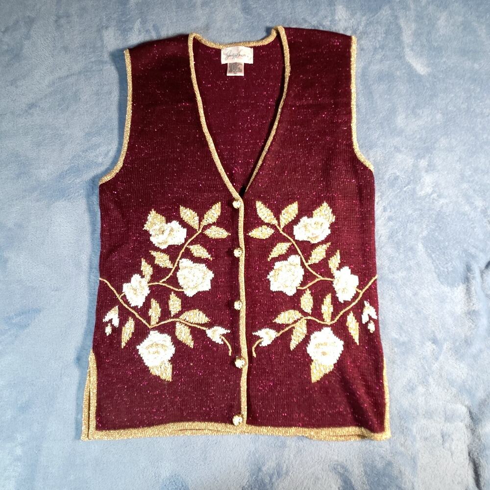 Vintage Jaclyn Smith Sweater Vest Womens M Burgundy Gold Beaded Floral Holiday